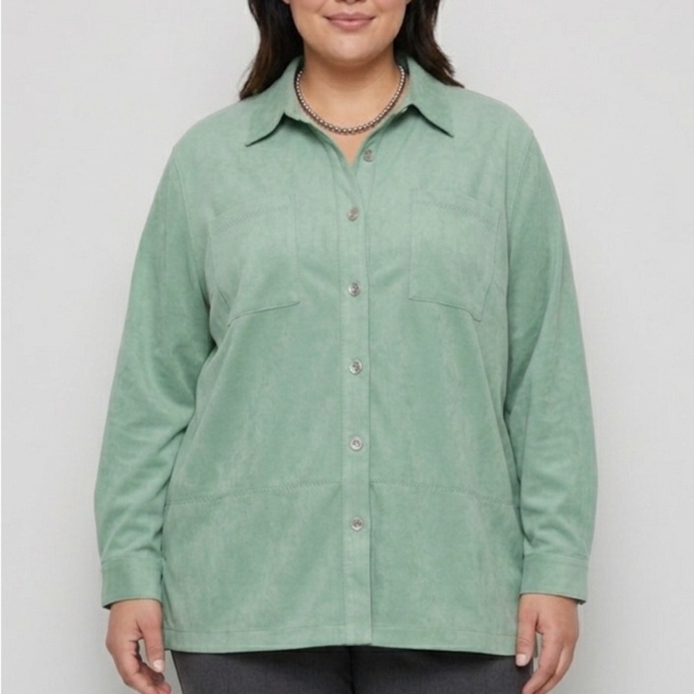 😍SHOW SPECIAL ALFRED DUNNER green button front suede look Shirt Shacket 20w
